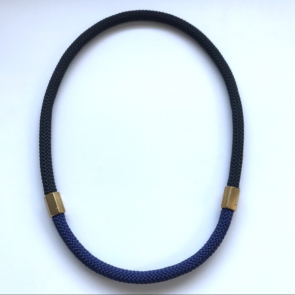 Black + navy blue statement necklace with hexagonal brass pieces - Picture 1 of 4